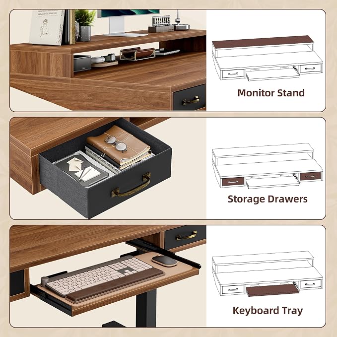 TIQLAB Standing Desk with Two Drawers, Stand Up Standing Desk Adjustable Height, Electric Sit Stand Table with Storage Shelf and Splice Board, with LED Light, 47 * 28 inch, Black Walnut - Image 5