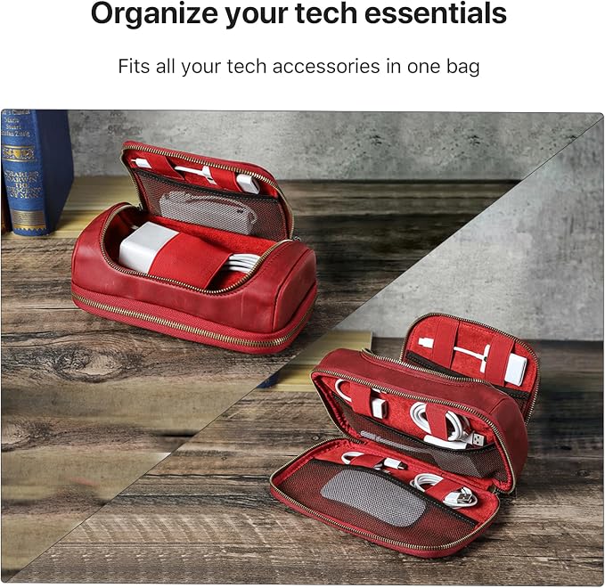 Hiram Handmade Crazy Horse Leather Tech Organizer Travel Case – Accessories Organiser Bag for Laptop, Tablet & Cell Phone, Double Compartment Charger Organizer Travel Case Red - Image 4