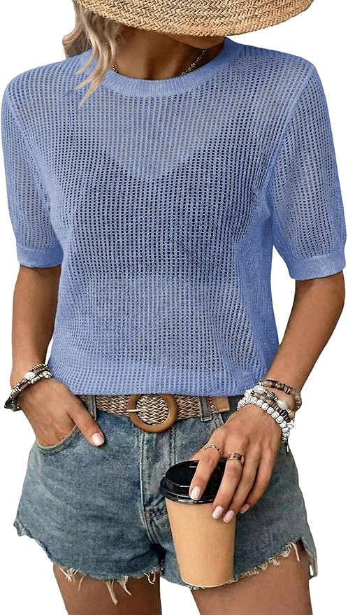 Dokotoo Womens Summer Short Sleeve Crochet Tops Hollow Out Floral Sweaters Beach Vacation Cruise Outfits by Dokotoo