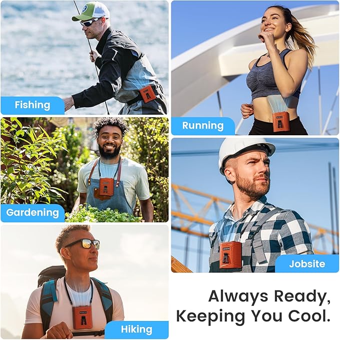 KIBEE Waist Clip Fan with LED Light, 5 Speeds 12500RPM, Up to 29H Runtime, Rechargeable Hands-Free Fan for Outdoor Work & Hiking - Image 5