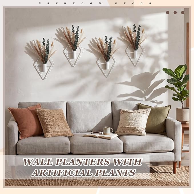 Jexine 4 Pcs Hanging Planters with Artificial Pampas White Metal Hanging Vase Indoor Plants Holder Modern Geometric Boho Bathroom Wall Decor for Living Room Home Office - Image 4