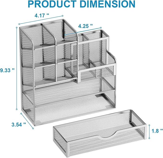 Marbrasse Mesh Pen Holder for Desk, Pen Organizer with Drawer, Multi-Functional Pencil Organizer, Desk Organizers and Accessories for Office Art Supplies (Silver) - Image 4