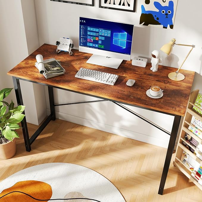 DUMOS 47 Inch Small Computer Desk, Gaming Desks for Home Office Bedroom | Modern Study Writing Work Table, Craft PC Desk Simple Workstation with Reinforcement Structure, Rustic Brown - Image 2