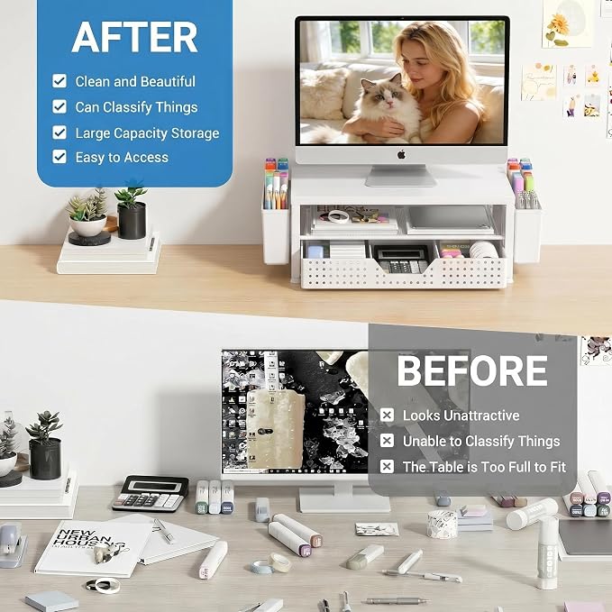 OPNICE Desk Organizers and Accessories, 2-Tier Computer Monitor Stand Riser with Drawer and 2 Pen Holders, Laptop Stand, Office Desk Accessories for Office Supplies, White - Image 2