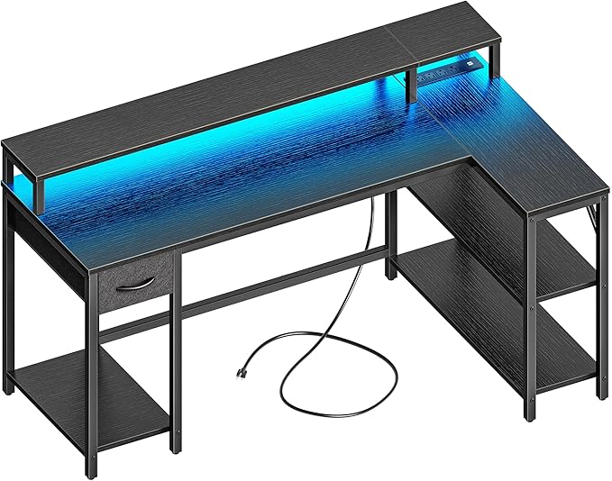 SUPERJARE 53 inch L Shaped Gaming Desk with LED Lights & Power Outlets, Reversible Computer Desk with Shelves & Monitor Stand, Corner Desk with Drawer, for Home & Office, Black by SUPERJARE