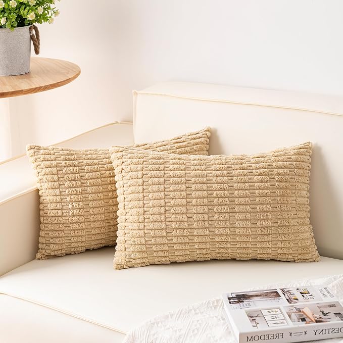 Aegero Pack of 2 Corduroy Decorative Throw Pillow Covers 12x20 InchSoft Boho Striped Pillow Covers Modern Farmhouse Home Decor for Sofa Living Room Couch Bed(Beige) by Unknown
