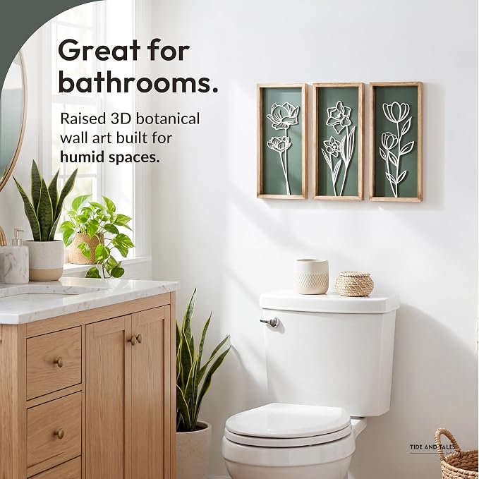 3D Floral Green Wall Art (Set of 3) Lightweight, Wooden Ready-to-Hang Boho Framed Wall Art for Bathroom, Master Bedroom, Living Room or Office - Premium Sage Green Farmhouse Decor - Gift-Boxed - Image 5