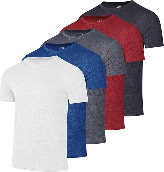 5 Pack Men's Dry Fit Short Sleeve T-Shirt Gym Workout Athletic Running Tee | Cooling, Moisture-Wicking, Crew Neck, Quick-Dry, Breathable, Active, Exercise, Fitness, Basketball, Cycling, Hiking, Tennis by RealEssentials