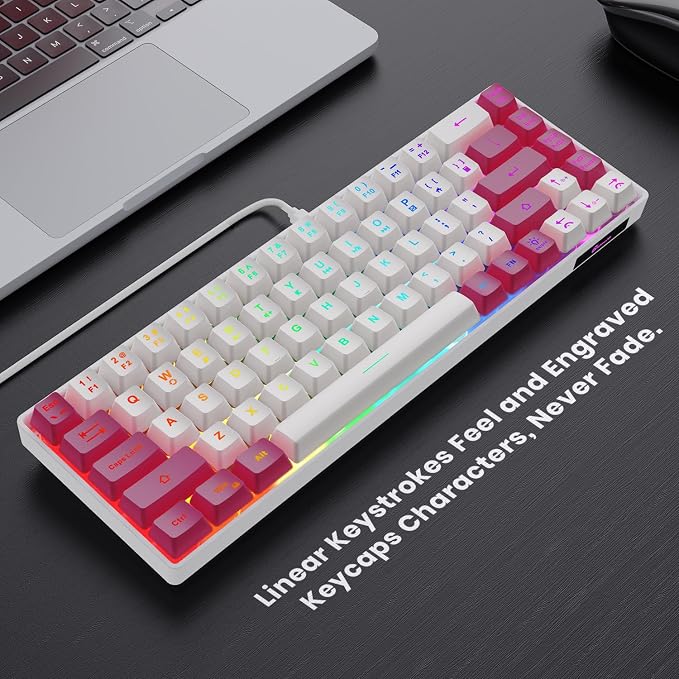 GEODMAER 65% Gaming Keyboard, LED Backlit Mini Wired Keyboard, Ultra-Compact Anti-Ghosting No-Conflict 68 Keys Membrane Gaming Wired Keyboard for PC Laptop Windows Gamer(White-Pink) - Image 2