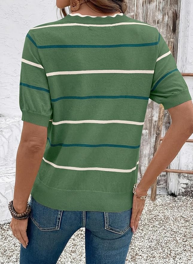Dokotoo Womens Summer Short Sleeve Knit Tops 2026 Spring Trendy Casual V Neck Striped Sweater Blouses - Image 3