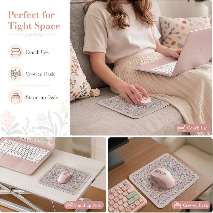 iCasso Aesthetic Small Mouse Pad, 9.5x7.9in,Home Office, Pink Floral | Pink Mini Portable Travel Mousepad, Anti-Slip and Comfortable Cloth Mouse Mat with Stitched Edges for Computer - Image 7
