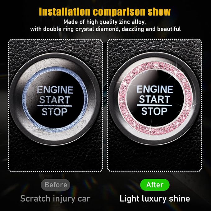 Kewucn 2 PCS Bling Crystal Double Rhinestone Car Engine Start Decoration Ring, Sparkling Push Start Button Sticker, Key Ignition & Knob Ring Decoration, Bling Car Interior Accessory(Pink) - Image 3
