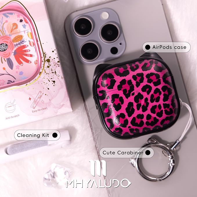for AirPods 4 Case with Cleaning Kit, Cute Cat Ear Print Design & Cute Buckle, Inverted Phone Holder Design, Top Safe Lock Buckle Design, for Girls AirPods 4 case 2024, Rose Leopard - Image 7