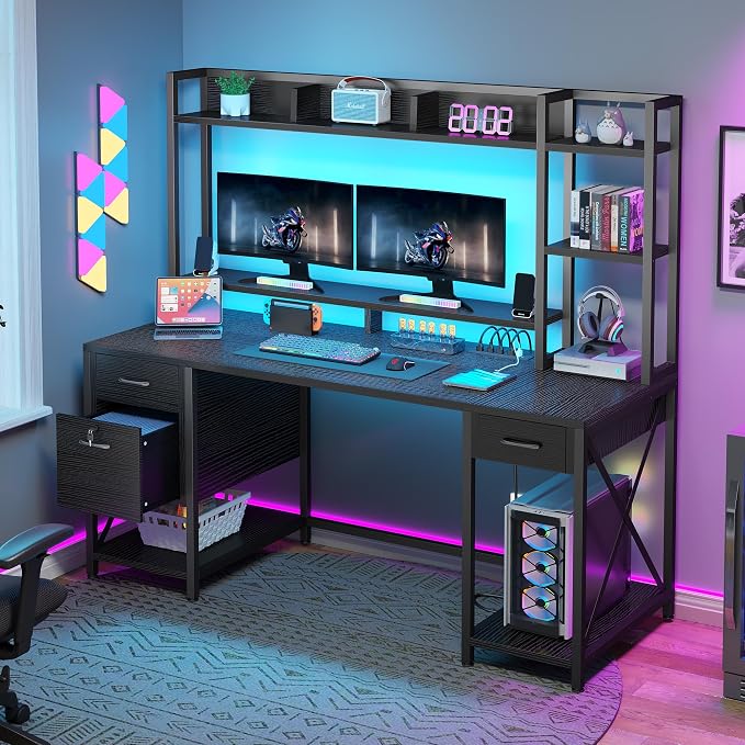 DWVO Computer Desk with Drawers & Hutch, 59.1" Office Desk with Power Outlets & LED Lights, Home Office Desk with Storage Shelves, Black - Image 3