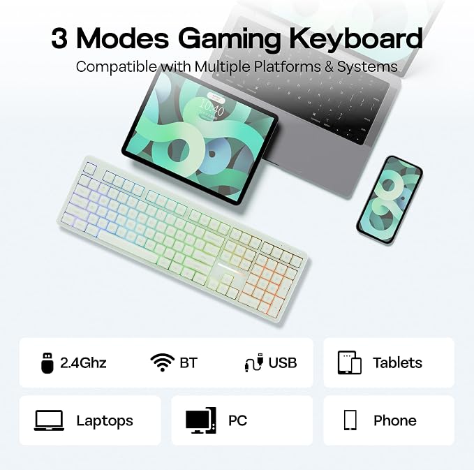 MechLands M108 100% Full Size Silent Office Keyboard with Number Pad | Wireless Creamy Membrane Keyboard with 5000mAh Battery for Office/Home/PC Game, RGB Backlight, 26-Key Rollover (Green) - Image 6