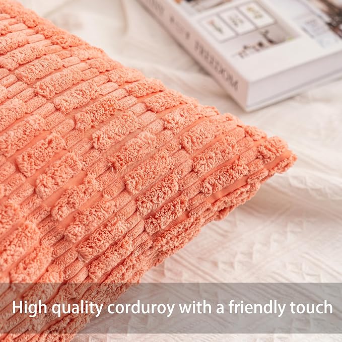 Aegero Pack of 2 Corduroy Decorative Throw Pillow Covers 18x18 InchSoft Boho Striped Pillow Covers Modern Farmhouse Home Decor for Sofa Living Room Couch Bed（Orange） - Image 2