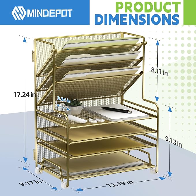 MINDEPOT 4-Tier Paper Organizer + 3-Pocket File Holder + Drawer + Pen Holders, Desktop File Organizers Paper Tray for Office Supplies School Classroom Organization (Gold, no Drawer & Pen Holder) - Image 2