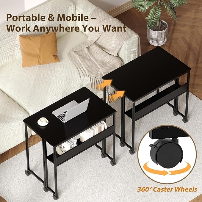 Folding Desk Small Rolling Desk with Storage Shelf,24.8 Inch Foldable Computer Table with Wheels,Portable Office Desk for Small Space Sofa Table,Easy to Fold,Writing Work Office Computer Desk,Black - Image 5