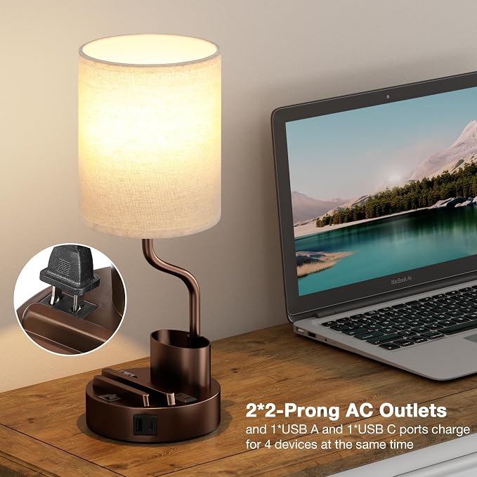 Fenmzee Bedside Lamps for Bedroom Set of 2 - Table Desk Lamp for Nightstand | 15" Table Lamp for Living Room with Pen Holder & Phone Stand, USB A+C Port, AC Outlet, 3 Color Temperature, LED Bulb Included - Image 3