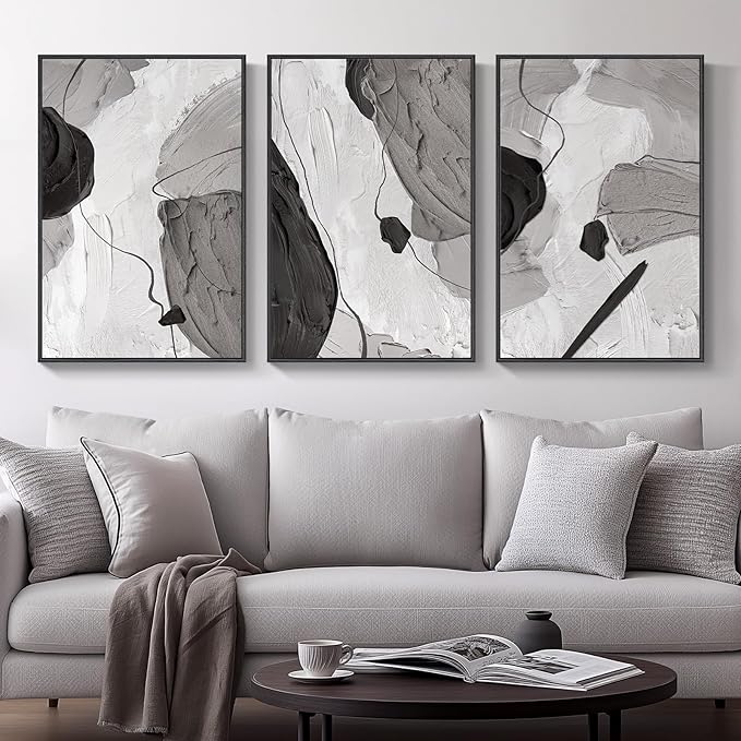 Large Framed Black and White Gray Abstract Wall Art, Set of 3 Piece Modern Canvas Prints Paintings Artwork for Walls, Minimalist Pictures for Living Room Bedroom Dining Room Hallway Wall Decor 20x30 In - Image 2
