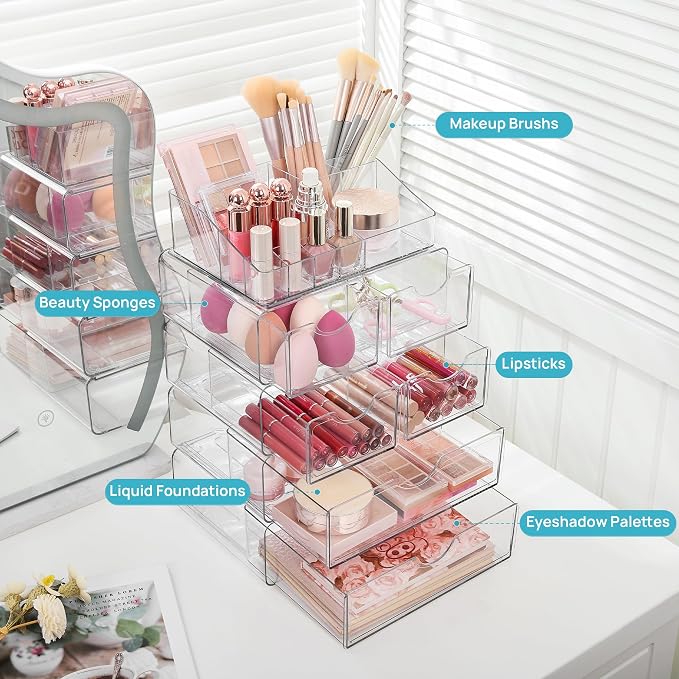 Vtopmart 5 Tier Clear Makeup Organizer with 6 Drawers | Smart Storage Layout, Clear for Better Visibility, Stackable, Large Capacity, for Makeup Lipstick Brush Skincare - Image 4