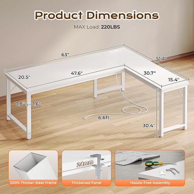 Huuger 63 Inch L Shaped Desk with Power Outlets and USB-C Port, Reversible Computer, Larger Office Corner Gaming Desk, 0.95 Inch Thicker Desktop, Metal Frame, for Home Office, Study, White - Image 3