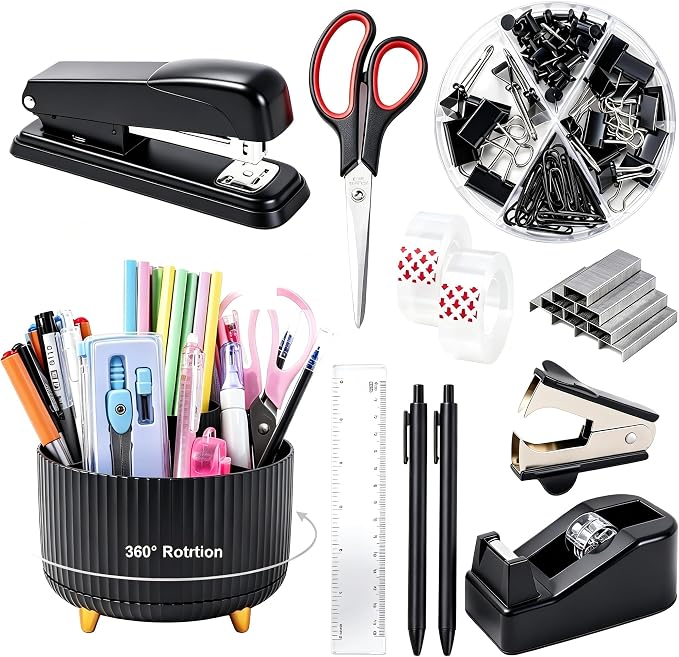Gawsey Black Desk Organizers and Accessories with Desk Organizer 360° Rotating Pen Holder and Office Supplies, Cute Stationery Supplies Set by Gawsey