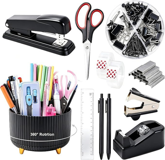 Gawsey Black Desk Organizers and Accessories with Desk Organizer 360° Rotating Pen Holder and Office Supplies, Cute Stationery Supplies Set by Gawsey