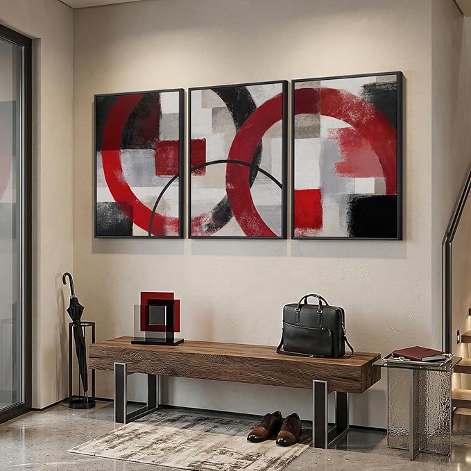 Large Framed Red Black White Abstract Wall Art for Living Room, Set of 3 Modern Canvas Prints Paintings Artwork for Walls, Red Black Geometric Pictures for Bedroom Hallway Office Wall Decor 24x36 In - Image 2