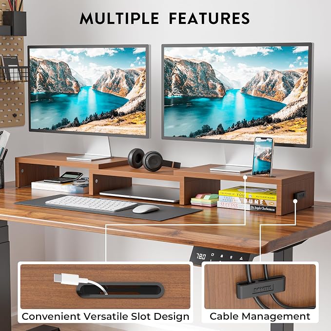 BONTEC Dual Monitor Stand Riser with Smartphone Holder, Adjustable Length & Swivel Angle, Ergonomic Wooden Desktop Organizer for PC Monitor, Laptop, Printer, Large Storage, 42.5 in, Walnut - Image 2