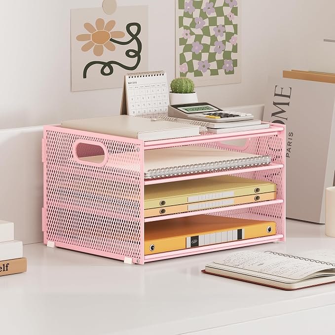 Subekyu Paper Letter Tray Organizer for Desk, Pink Metal Mesh Desk File Sorter Organizer with Handle and 2 Sliding Trays for Home Office School Supplies Organization - Image 5