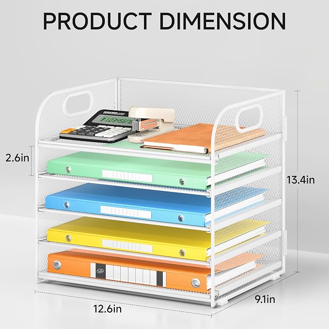 Lavatino 5 Tray Paper Organizer Letter Tray with Handle - Mesh Desk File Organizer, Paper Sorter Organizer for Office, Home or School File Folder Holder - White - Image 2