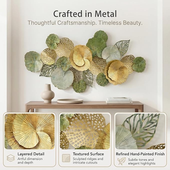 Axioglo 51" Large Wall Decor 3D Lotus Leaf Metal Wall Art for Living Room | 51" x 26" metal wall decor with layered metal texture, mounting hardware, two-way display - Image 7