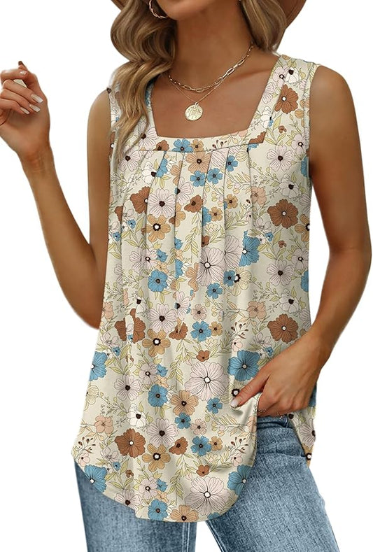Saloogoe Summer Tank Tops for Women Loose Fit Pleated Square Neck Sleeveless Tops Curved Hem Flowy by Saloogoe