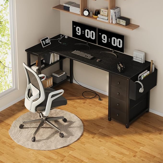 Lufeiya L Shaped Gaming Desk with Drawers & Storage Shelves, 63 Inch Corner Computer Desk with Power Outlet for Home Office Bedroom, L-Shaped Teen PC Desks with Fabric Drawer, Black - Image 2