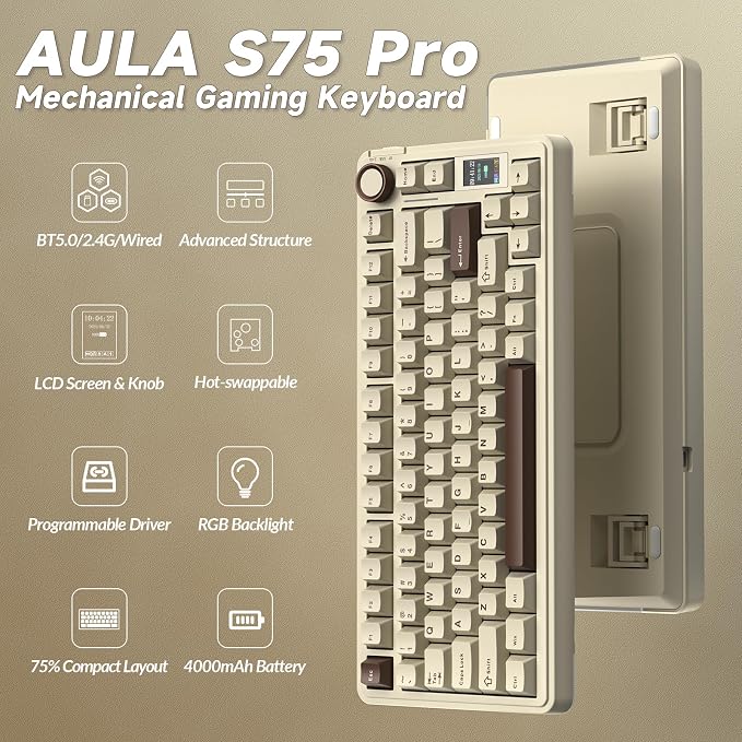 AULA S75 PRO Wireless Mechanical Keyboard with Screen&Knob, 75% Hot Swappable Gaming Keyboard with Pre-lubed Switches, RGB Backlit, PBT Keycaps, Creamy Sounding Computer Keyboards - Image 2