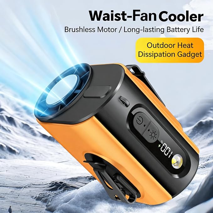 Portable Wearable Waist Iec Fan,with Semiconductor Ice Cooler,10000mAh Rechargeable Clip On Belt Cooling Fan, 100-Speed/16000RPM Personal Body Fans,25H Work Time for Camping, Outdoor, Jobsite（Orange） - Image 2