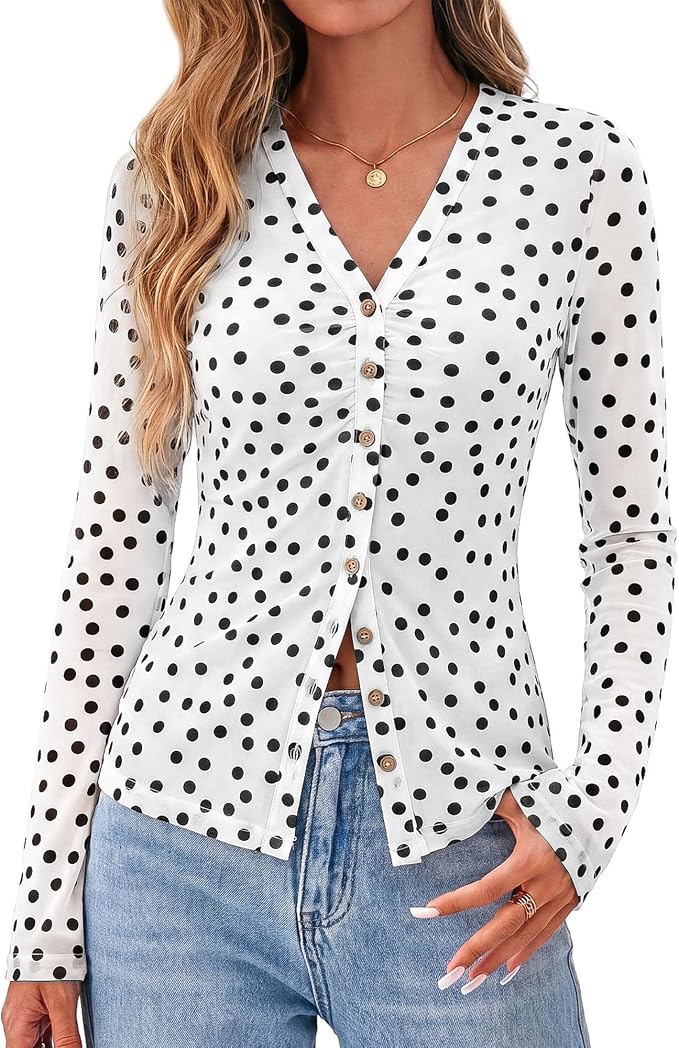 BTFBM Button Down Shirts for Women 2026 Fall Boho Tops V Neck Long Sleeve Blouses Ruched Mesh Fitted Fashion Clothing - Image 4