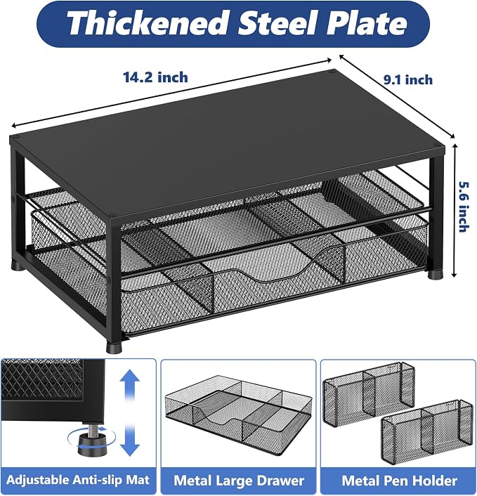 OPNICE Desk Organizer and Accessories, 2-Tier Computer Monitor Stand Riser with Drawer and 2 Pen Holders, Laptop Stand, Office Desk Accessories for Office Supplies, Black 2-Pack - Image 7