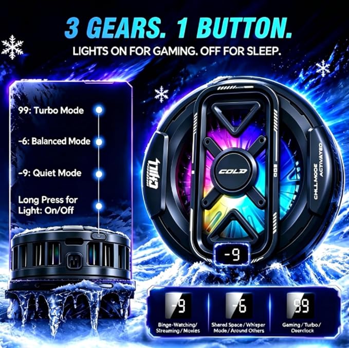 USB Phone Cooler, Semiconductor Cooling Fan for Phone, Magnetic & Clip-On, Large Cooling Plate, 3 Gears Fan Adjustable, RGB Light Switchable, Universal Fit for iPhone Android - Black - Image 5