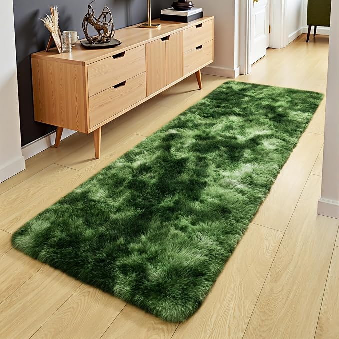 Tepook Soft Runner Rugs for Bedroom 2x6 with Rubber Backing, Tie-Dyed Dark Green Fluffy Rugs for Hallway, Shag Bedside Rug Fuzzy Plush Carpet for Living Room Dorm Nursery Indoor Home Decor - Image 4