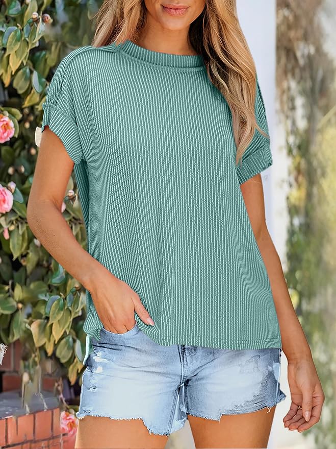 ANRABESS Womens Short Sleeve Crewneck Shirts Ribbed Knit High Low Hem T Shirt 2026 Summer Spring Casual Tops Trendy Clothes - Image 2