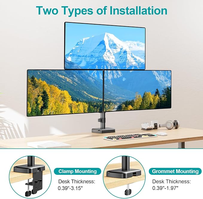 MOUNT PRO Triple Monitor Mount for Max 32" Computer Screen, Adjustable 3 Monitor Desk Mount, up to 19.8lbs Each, Three Display Arm with Tilt Swivel Rotation, VESA Mount 75x75/100x100mm - Image 4