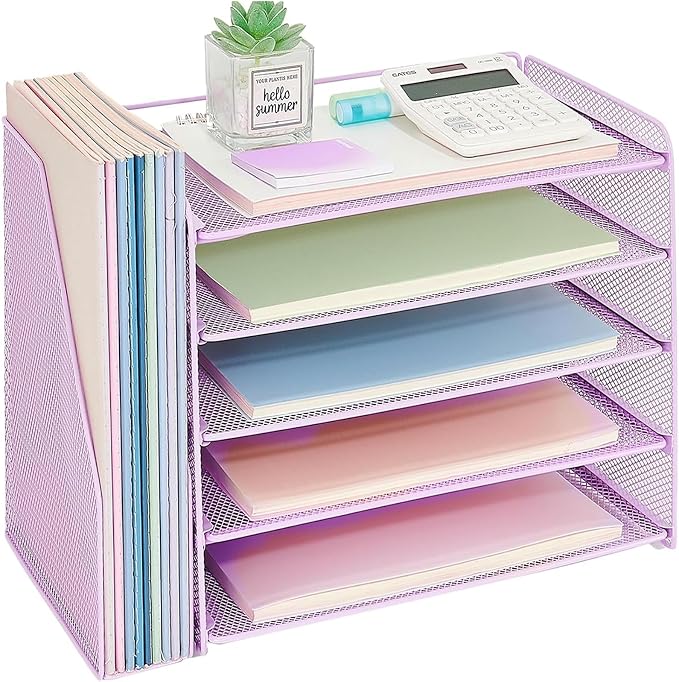 OPNICE Desk Organizer, 5-Tier Paper Organizer Letter Tray with Magazine Holder, Office Desk Accessories & Workspace Organizers, Desktop File Organizer for Office Supplies Storage, Purple by OPNICE