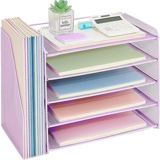OPNICE Desk Organizer, 5-Tier Paper Organizer Letter Tray with Magazine Holder, Office Desk Accessories & Workspace Organizers, Desktop File Organizer for Office Supplies Storage, Purple by OPNICE