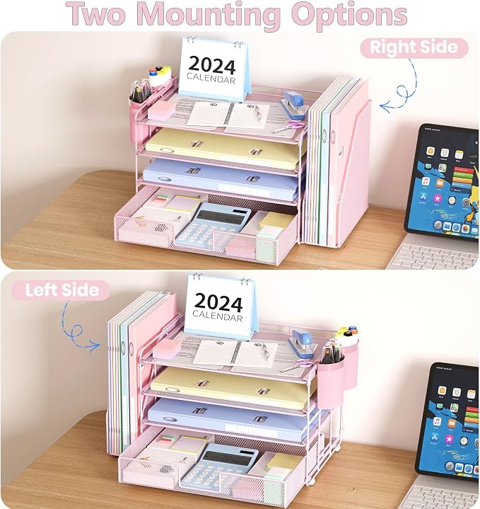 OPNICE Desk Organizer, 4-Tier Desktop File Organizer with Drawer and Pen Holders, Office Desk Accessories, File Sorters, Workspace Organizers for Office Supplies(Pink) - Image 7