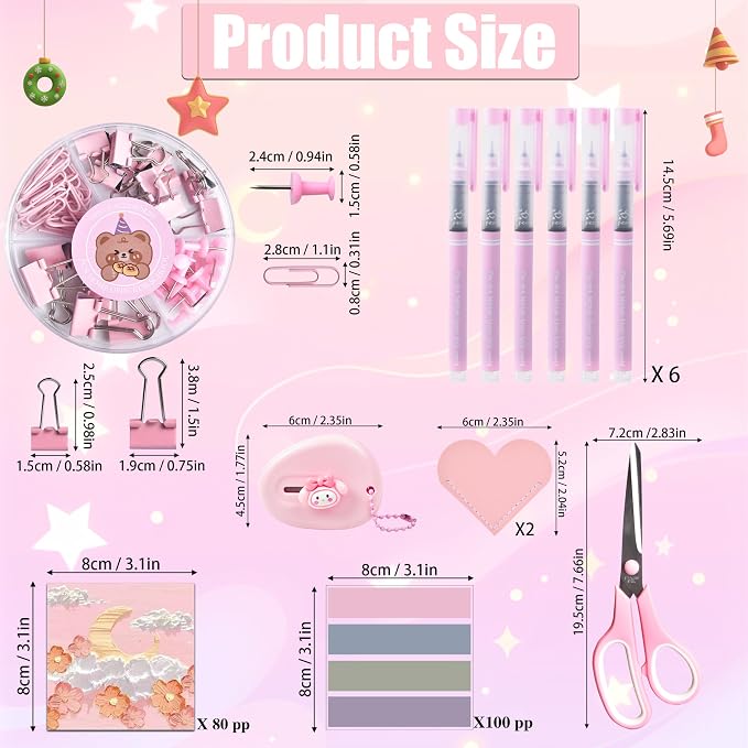 Pink Desk Accessories, 24Pcs Pink Office Supplies and Desk Organizers, with Tape Dispenser, Stapler, Staple Remover, Ect, Gift Box Packaging - Image 7