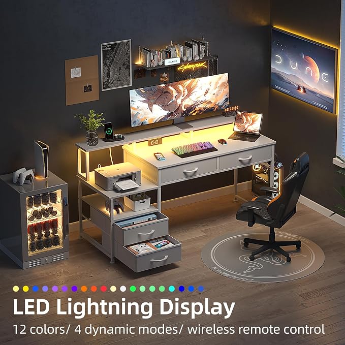 MUTUN 53" Computer Desk with 4 Drawers & Power Outlets, Reversible Home Office Desk with Monitor Stand & Printer Stand, Gaming Desk with Led Lights, Study Writing Work Desk Table for Bedroom (White) - Image 5