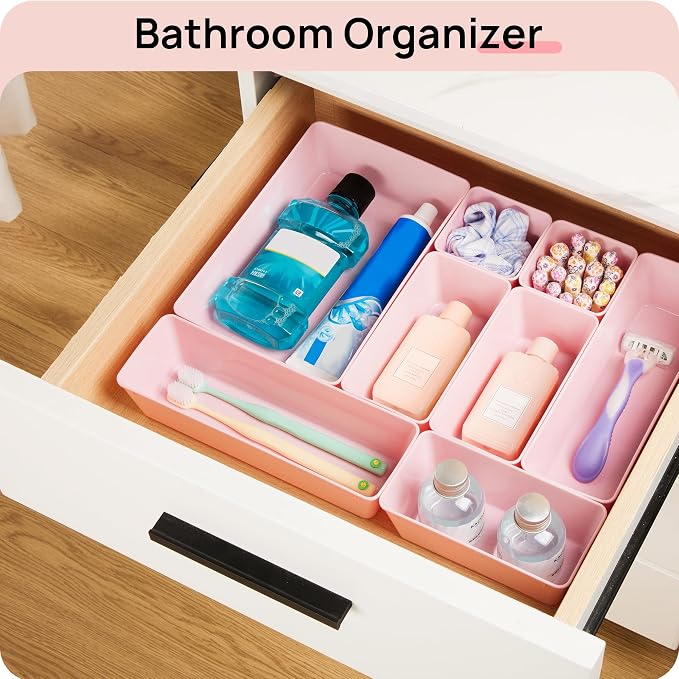 Vtopmart 44 PCS Plastic Drawer Organizers Set, Vanity Organizer Trays, Pink | 4-Size Versatile Makeup Organizer, Non-Slip Storage Containers for Makeup, Jewelries, Bedroom，Kitchen Utensils and Office - Image 5