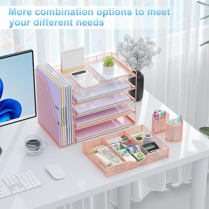 gianotter 5-Tier Desk Organizer with Drawers and File Holders | Letter Trays and Pen Holders - Workspace Accessories for Office Supplies (Rose Gold) - Image 4